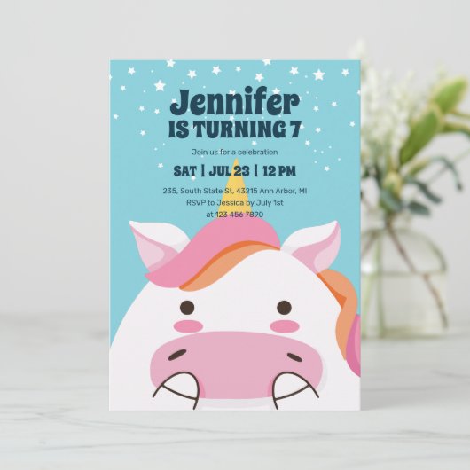 かわいいユニコーンカートマジカル子供の誕生日 招待状 (スタンド正面)