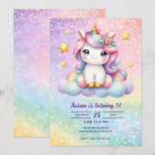 かわいいユニコーンガールの誕生日パーティーへの招待 招待状 (正面/裏面)