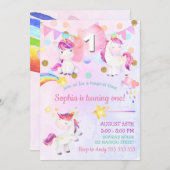 かわいいユニコーンガールファースト誕生日マジカルレインボー 招待状 (正面/裏面)