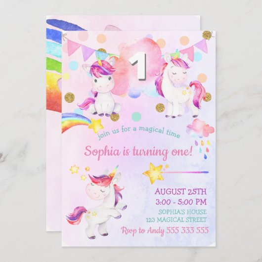 かわいいユニコーンガールファースト誕生日マジカルレインボー 招待状 (正面/裏面)