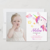 かわいいユニコーンガールマジカル誕生日レインボーフォト 招待状 (正面)