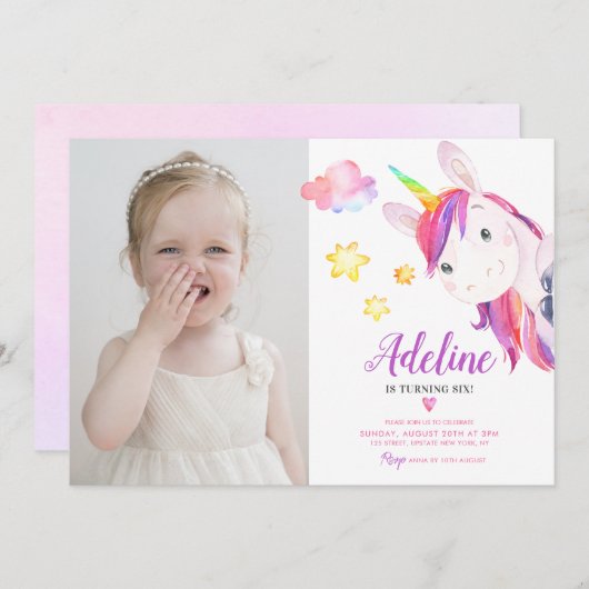 かわいいユニコーンガールマジカル誕生日レインボーフォト 招待状 (正面/裏面)