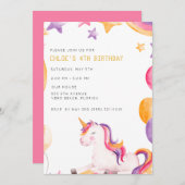 かわいいユニコーンキッズガールバースデーパーティー 招待状 (正面/裏面)