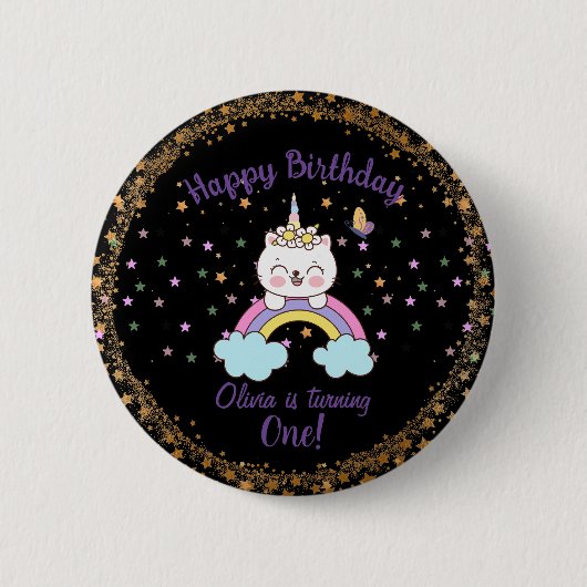 かわいいユニコーンキャット虹星の女の子1歳の誕生日 缶バッジ (正面)