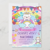 かわいいユニコーンキャット レインボー 女の子の誕生日パーティー  招待状 (正面)