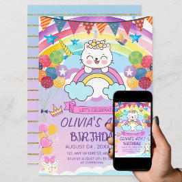 かわいいユニコーンキャット レインボー 女の子の誕生日パーティー 招待状