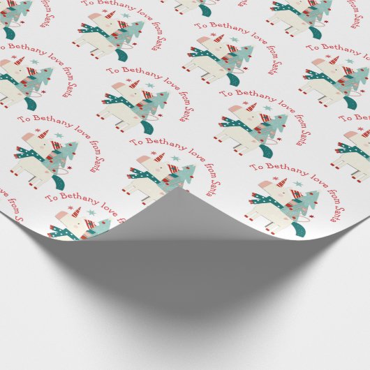 かわいいユニコーンクリスマスツリーの子の名前ラブサンタ ラッピングペーパー (角)