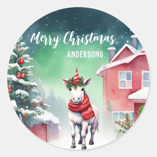 かわいいユニコーンクリスマスツリーの誕生日の雪パーティー ラウンドシール (正面)