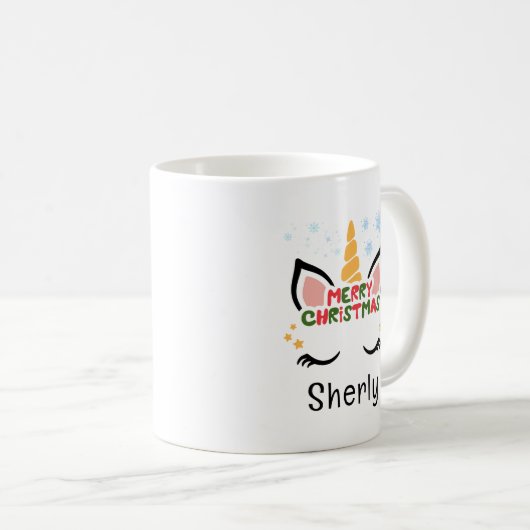 かわいいユニコーンクリスマス名前をカスタムする コーヒーマグカップ (正面右)