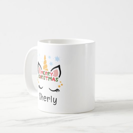 かわいいユニコーンクリスマス名前をカスタムする コーヒーマグカップ (正面左)