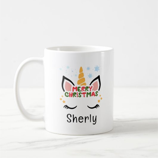 かわいいユニコーンクリスマス名前をカスタムする コーヒーマグカップ (左)
