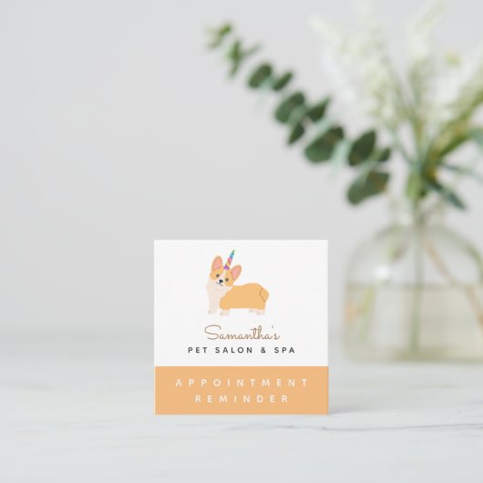 かわいいユニコーンコルギドッグペットアポイントメントリマインダー スクエア名刺 (スタンド正面)