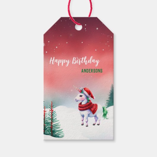 かわいいユニコーンサンタのクリスマス誕生日の雪のパーティー ギフトタグ (正面)
