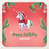 かわいいユニコーンサンタのクリスマス誕生日の雪のパーティー スクエアペーパーコースター (正面)