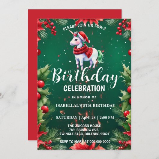 かわいいユニコーンサンタのクリスマス誕生日の雪のパーティー セーブザデート (正面/裏面)