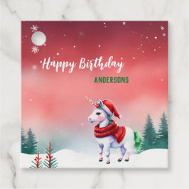かわいいユニコーンサンタのクリスマス誕生日の雪のパーティー フェイバータグ