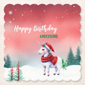 かわいいユニコーンサンタのクリスマス誕生日の雪のパーティー ペーパーコースター (正面)