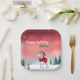 かわいいユニコーンサンタのクリスマス誕生日の雪のパーティー ペーパープレート