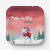 かわいいユニコーンサンタのクリスマス誕生日の雪のパーティー ペーパープレート (正面)