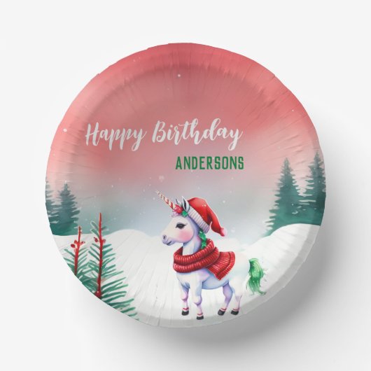 かわいいユニコーンサンタのクリスマス誕生日の雪のパーティー ペーパーボウル (正面)