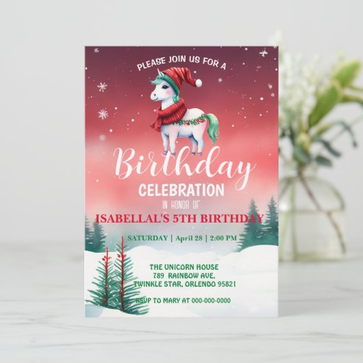 かわいいユニコーンサンタクリスマスバースデーの冬のパーティー セーブザデート (スタンド正面)