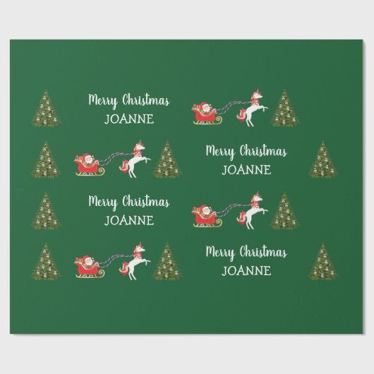 かわいいユニコーンサンタパーソナライズされたーネームクリスマス ラッピングペーパー (フラット)