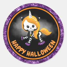 かわいいユニコーンスケルトン&パープルグリッターハロウィーン ラウンドシール