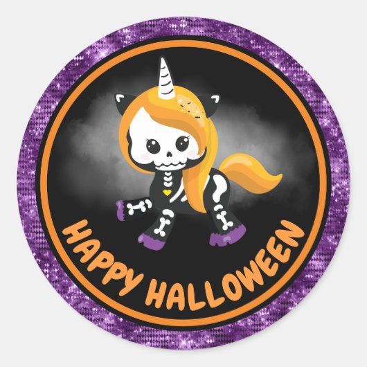 かわいいユニコーンスケルトン&パープルグリッターハロウィーン ラウンドシール (正面)