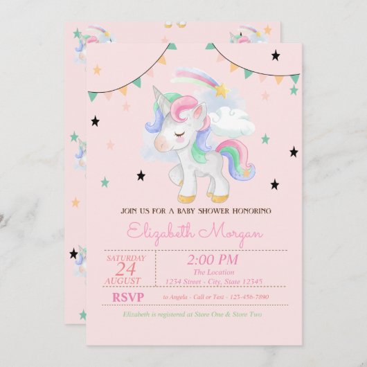 かわいいユニコーンスターズベビーシャワー招待状 招待状 (正面/裏面)