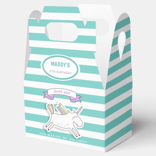 かわいいユニコーンティール(緑がかった色)ストライプの子供の誕生日お願いボックス フェイバーボックス (オープン)