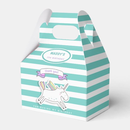 かわいいユニコーンティール(緑がかった色)ストライプの子供の誕生日お願いボックス フェイバーボックス (正面サイド)