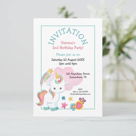 かわいいユニコーンティール(緑がかった色)ピンクチャイルドバースデーパーティー 招待状 (スタンド正面)