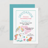かわいいユニコーンティール（緑がかった色）ピンクチャイルドバースデーパーティー 招待状 (正面/裏面)