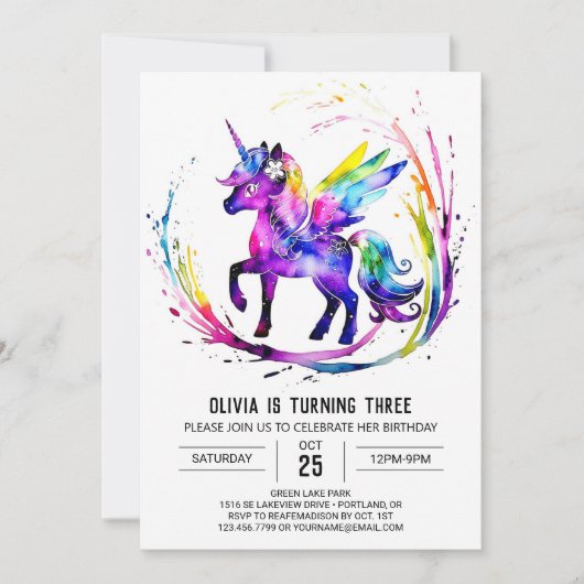 かわいいユニコーンデジタル誕生日 招待状 (正面)