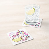 かわいいユニコーンハッピーバースデーケーキ スクエアペーパーコースター (インサイチュ)