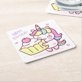 かわいいユニコーンハッピーバースデーケーキ スクエアペーパーコースター (アングル)