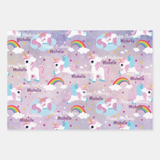 かわいいユニコーンハッピーバースデーピンクガーリー色 ラッピングペーパーシート (正面2)