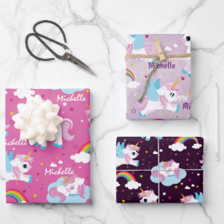 かわいいユニコーンハッピーバースデーピンクガーリー色 ラッピングペーパーシート