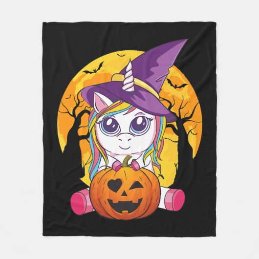 かわいいユニコーンハロウィーン魔女よちよち フリースブランケット (正面)