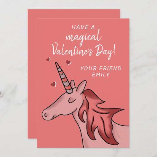 かわいいユニコーンハートキッズクラスルームバレンタインデー シーズンカード (正面/裏面)