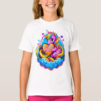 かわいいユニコーンハート枕を抱き、誕生日ギフト Tシャツ