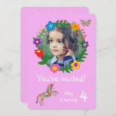 かわいいユニコーンバタフライフラワーガールズパーティー 招待状 (正面/裏面)