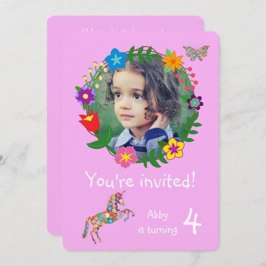 かわいいユニコーンバタフライフラワーガールズパーティー 招待状 (正面/裏面)