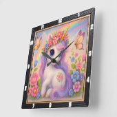 かわいいユニコーンバタフライレインボー スクエア壁時計 (傾斜)