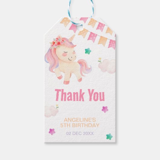 かわいいユニコーンバンティング旗ガール誕生日ありがとう ギフトタグ (正面)