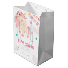 かわいいユニコーンバンティンフラッグガール誕生日 ミディアムペーパーバッグ