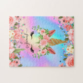 かわいいユニコーンパーソナライズされたの名前レインボーピンクガーリー色 ジグソーパズル (横)
