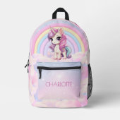 かわいいユニコーンパーソナライズされたレインボーキッズ名 プリントバックパック (正面)