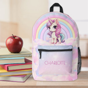 かわいいユニコーンパーソナライズされたレインボーキッズ名 プリントバックパック