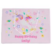 かわいいユニコーンパーソナライズされた – ピンク子供の誕生日 ラージペーパーバッグ (正面)